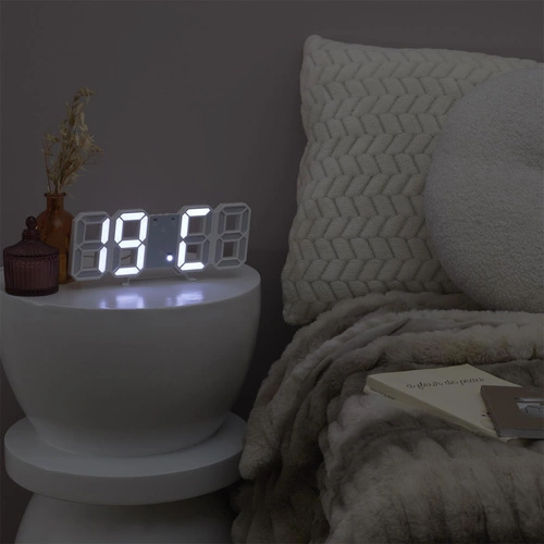 Nowoczesny zegar budzik cyfrowy LED Intesi biały do sypialni na szafkę nocną