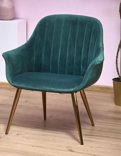 Fotel kubełkowy Dasco welwet zielony glamour do salonu z podłokietnikami na złotych nogach