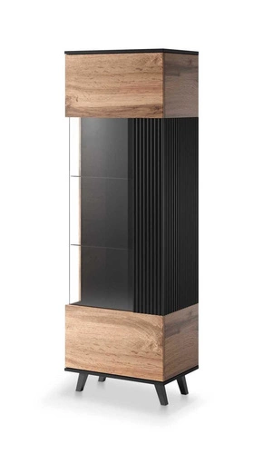 Wąska witryna na książki do salonu Adre dąb wotan czarna nowoczesna z szybą 60 cm Intesi