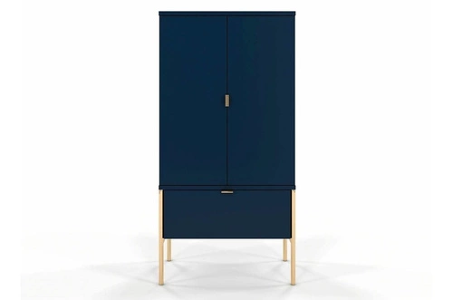 Komoda wysoka Polka Navy Blue glamour z szufladą i szafkami na złotych nogach do salonu 120 cm