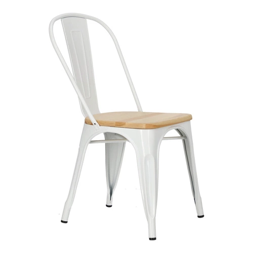 Krzesło do jadalni Paris Wood białe metalowe z drewnianym siedziskiem industrialne D2.DESIGN