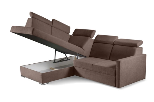 Narożnik z funkcją spania Mils XL lewostronny brązowy do salonu nowoczesny z pojemnikiem
