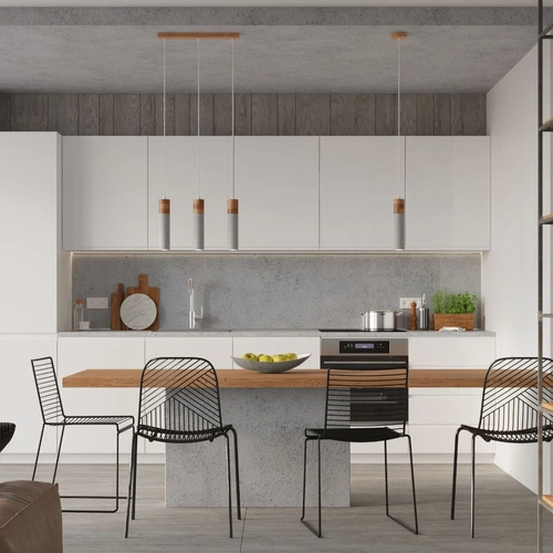 Lampa wisząca ZANE szara betonowa i drewniana do kuchni i jadalni nowoczesna 120 cm