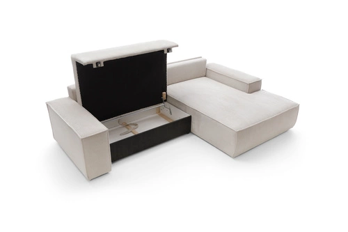 Narożnik z funkcją spania Molde M prawy sztruksowy beżowy do salonu z pojemnikiem