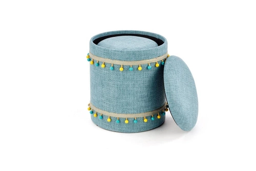 Zestaw 2 niebieskich puf Eblis ze schowkiem okrągłe tapicerowane do salonu i pokoju dziecięcego