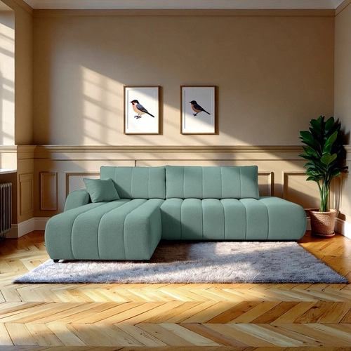Nowoczesny narożnik z funkcją spania Hobro zielony lewy do salonu z pojemnikiem