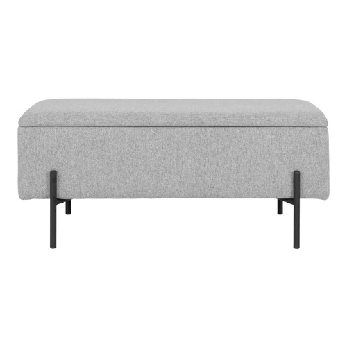 Ławka tapicerowana ze schowkiem Watford szara jasna boucle do przedpokoju na czarnych nogach