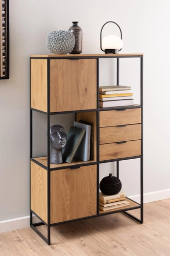 Regał na książki Swindon dąb industrialny z szufladami do salonu i biura Actona 141 cm