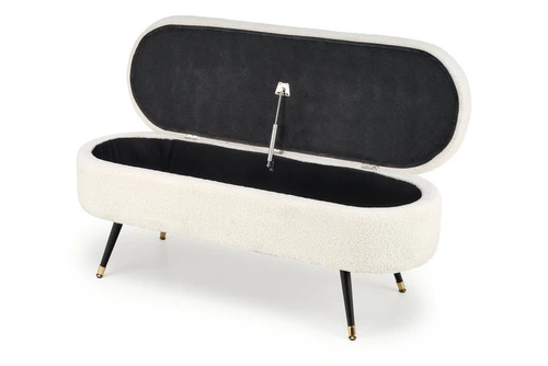 Ławka tapicerowana ze schowkiem Avico kremowa bouclé do przedpokoju i sypialni glamour