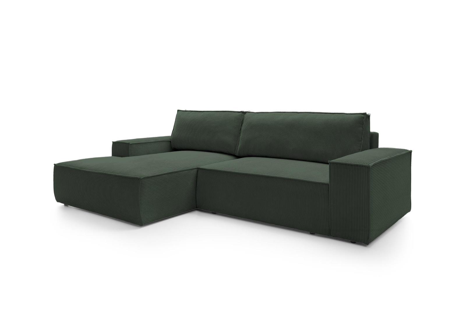 Narożnik sztruksowy z funkcją spania Molde M lewy zielony z pojemnikiem do salonu