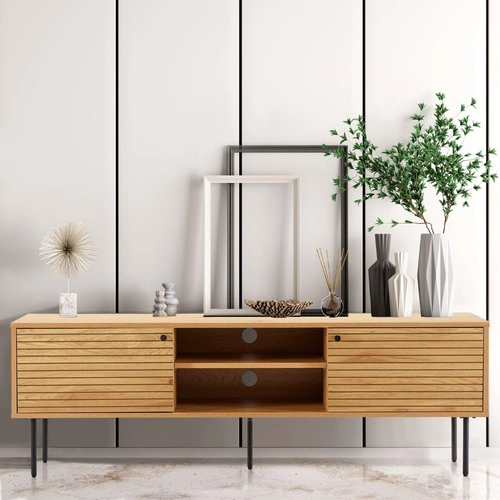 Szafka RTV drewniana Lattes dąb 150 cm nowoczesna z lamelami na wysokich nogach do salonu