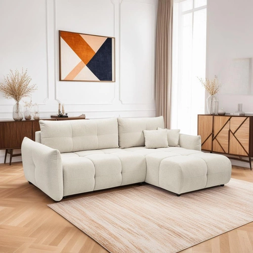 Narożnik z funkcją spania do salonu Bode prawy beżowy nowoczesny z pojemnikiem Intesi