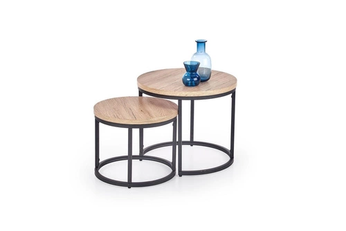 Zestaw 2 okrągłych stolików kawowych Tabarka dębowy loftowy do salonu Intesi 53/43 cm