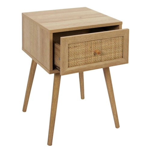 Szafka nocna boho Intesi Bali z plecionym frontem i drewnianymi uchwytami