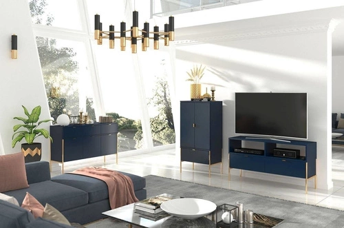 Szafka RTV glamour Polka 120 cm niebieska drewniana na złotych nogach do salonu SKANDICA