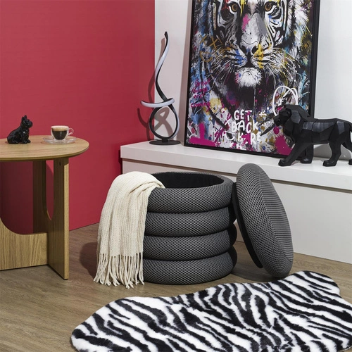 Pufa Atom szara okrągła ze schowkiem nowoczesna do salonu i sypialni Intesi 42 cm