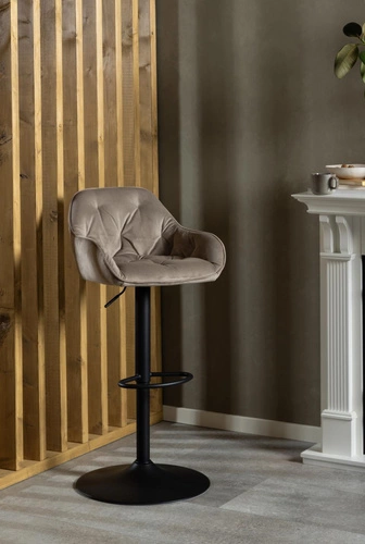 Hoker Brooke VIC beżowy aksamitny z oparciem i podłokietnikami obrotowy regulowany do kuchni