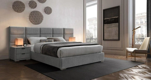 Łóżko do sypialni Levan 160x200 szare nowoczesne metalowe z zagłówkiem