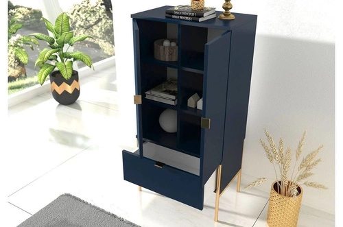 Komoda wysoka Polka Navy Blue glamour z szufladą i szafkami na złotych nogach do salonu 120 cm