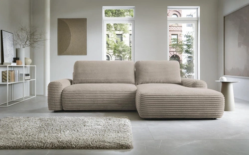 Narożnik z funkcją spania Domle prawy nowoczesny sztruksowy beżowy do salonu z pojemnikiem