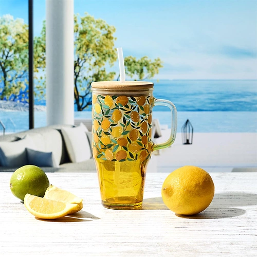 Kubek szklany Soleo Intesi 650ml z pokrywką i słomką żółty do napojów letnich