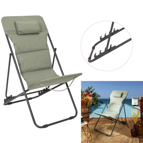 Leżak ogrodowy Grue khaki składany z regulacją oparcia metalowy nowoczesny na plażę Ventos