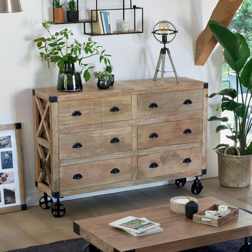 Komoda drewniana z szufladami Silas mango 150 cm do salonu rustykalna Atmosphera