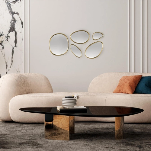 Zestaw 5 owalnych luster dekoracyjnych Organic Shape w złotej ramie do salonu Intesi