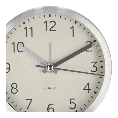 Budzik Quazi srebrny nowoczesny zegar stojący do sypialni i biura średnica 9 cm Intesi