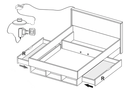 Łóżko do sypialni Tissa 140x200 z pojemnikiem, szufladami i LED biały dąb craft