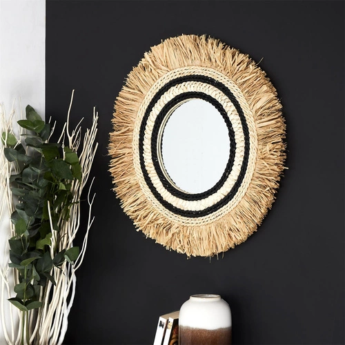 Lustro okrągłe boho Kaya 59 cm naturalne wiszące do przedpokoju i salonu Intesi