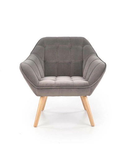 Fotel kubełkowy Kalmen welurowy szary skandynawski do salonu na drewnianych nogach