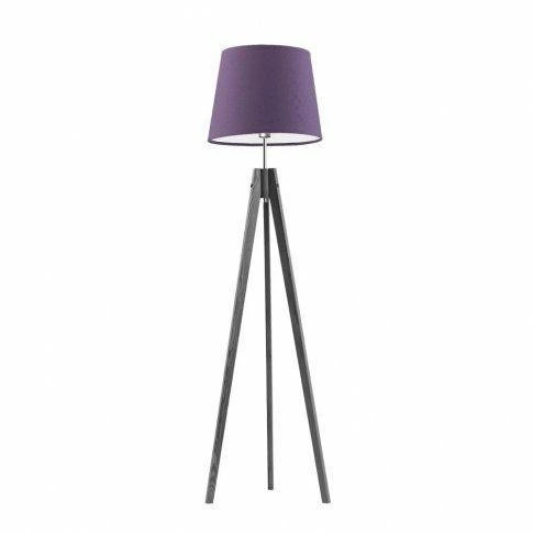 Lampa podłogowa drewniana trójnóg Aruba fioletowy abażur glamour do salonu Lysne