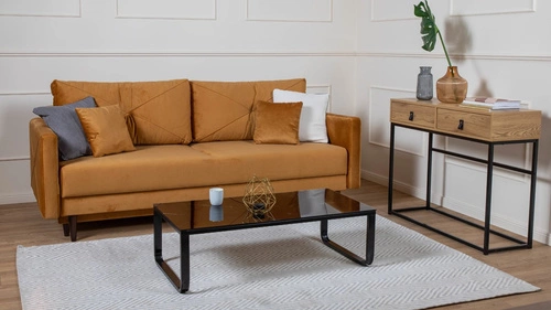 Sofa rozkładana z funkcją spania Saxo 2 osobowa do salonu nowoczesna żółta z pojemnikiem