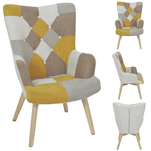 Fotel uszak Helsinki szary patchwork do salonu skandynawski z podłokietnikami Intesi