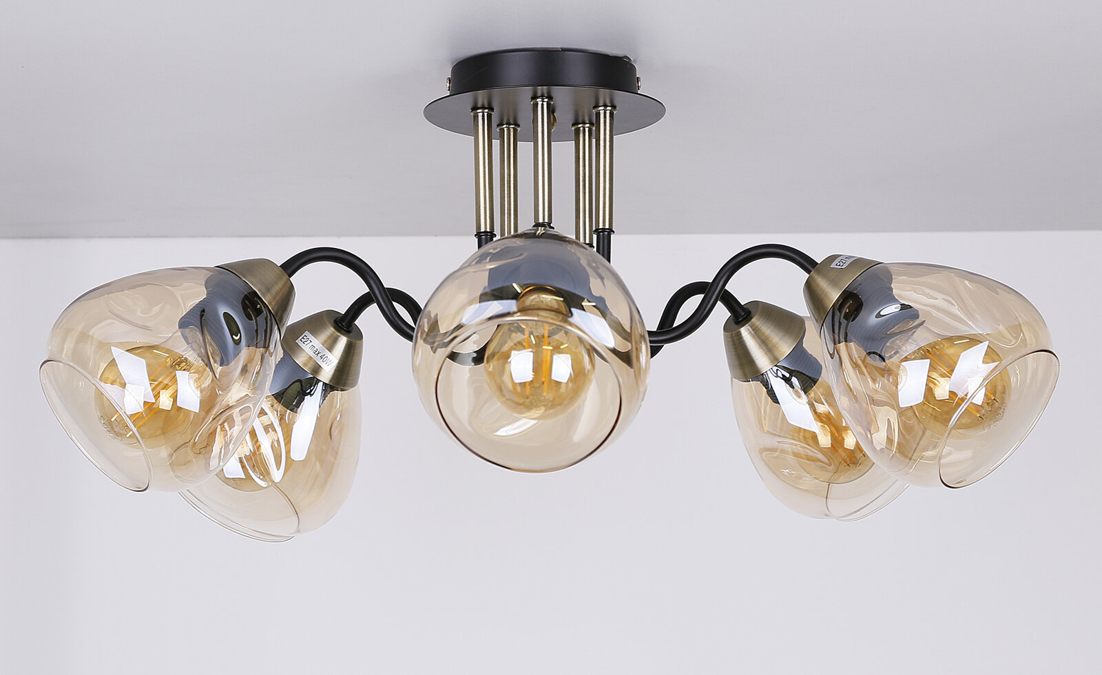 Lampa sufitowa Unica czarny+złoty 5x40W E27 klosz dymiony