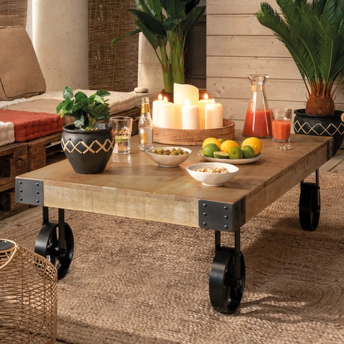 Stolik kawowy Silas mango prostokątny loftowy drewniany na kółkach do salonu 117 cm Atmosphera