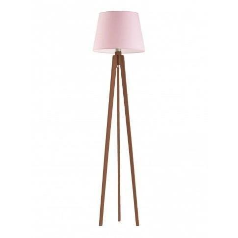 Lampa stojąca do salonu Curacao nowoczesna drewniana z jasnoróżowym abażurem Lysne 158 cm