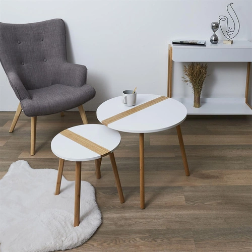Zestaw 2 okrągłych stolików kawowych Paraiba biały drewniany skandynawski do salonu 2w1