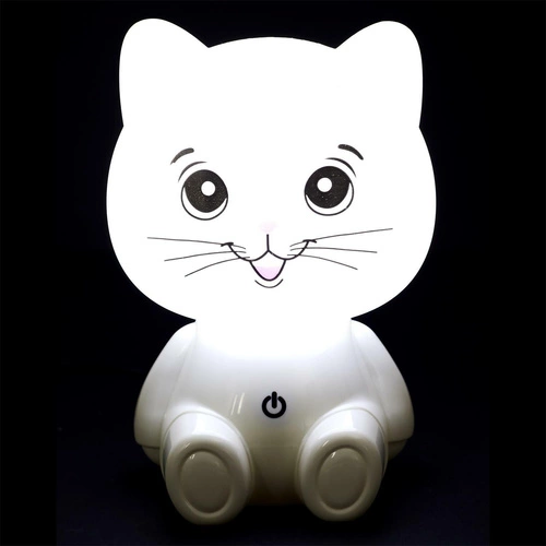 Lampka nocna LED Kot Intesi biała do pokoju dziecięcego z regulacją światła i portem USB