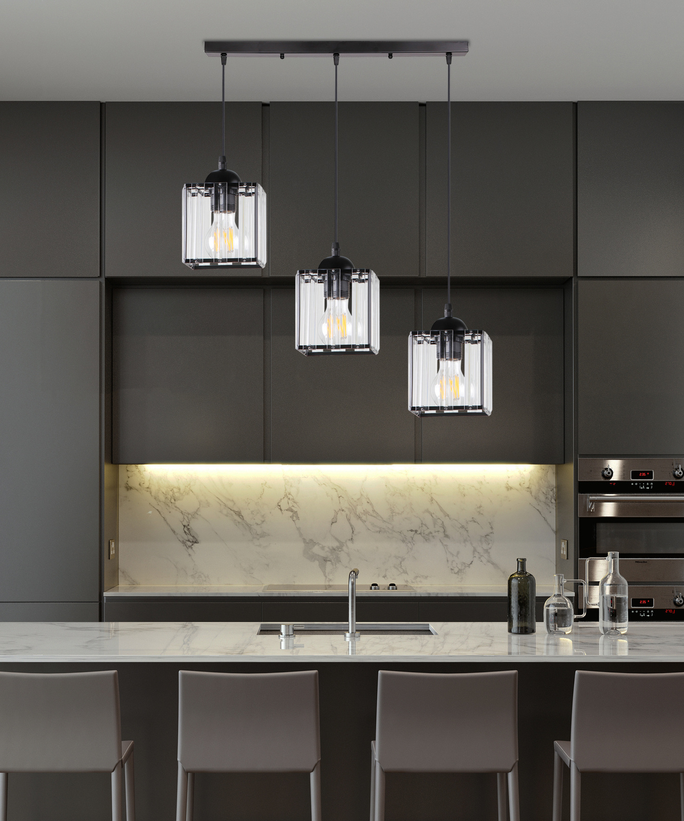 Lampa wisząca Glassia czarny 3x40 E27 klosz czarny+kryształy bezbarwne