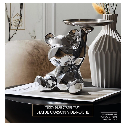 Figurka dekoracyjna Miś origami Intesi ceramiczna ze srebrną tacą do salonu i przedpokoju