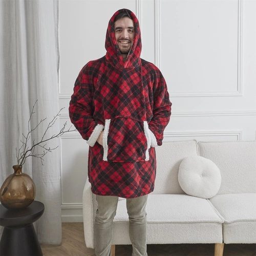 Bluzo koc z kapturem Intesi snuddie ciepły polarowy w kratę na zimowe wieczory