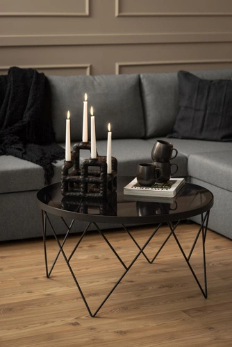 Stolik kawowy Halstow okrągły 80 cm szklany czarny loftowy do salonu Actona