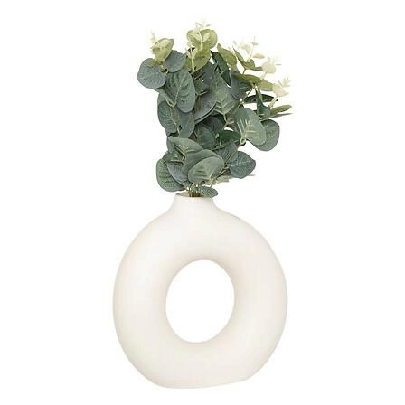Biały wazon dekoracyjny Suza koło ze sztucznym eukaliptusem do salonu nowoczesny 37cm