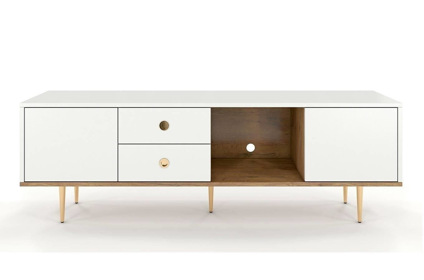 Szafka RTV biała 160 cm skandynawska z szufladami do salonu Harmoni H02 SKANDICA