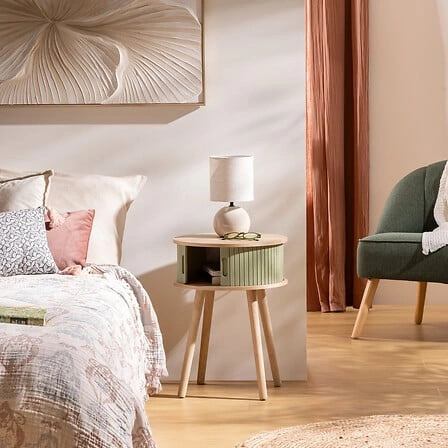 Szafka nocna 40 cm Nysos boho zielona szałwia z półką Atmosphera styl skandynawski rustykalny