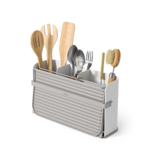 Ociekacz do naczyń Umbra Sling biały składany z matą i miejscem na sztućce na blat kuchenny