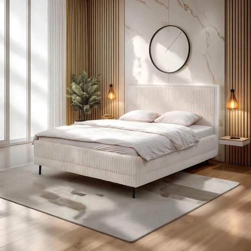 Łóżko tapicerowane Foggy 140x200 beżowe z pojemnikiem skandynawskie do sypialni