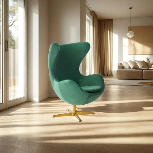 Fotel Jajo Velvet zielony welur obrotowy z funkcją kołyski do salonu na złotej nodze